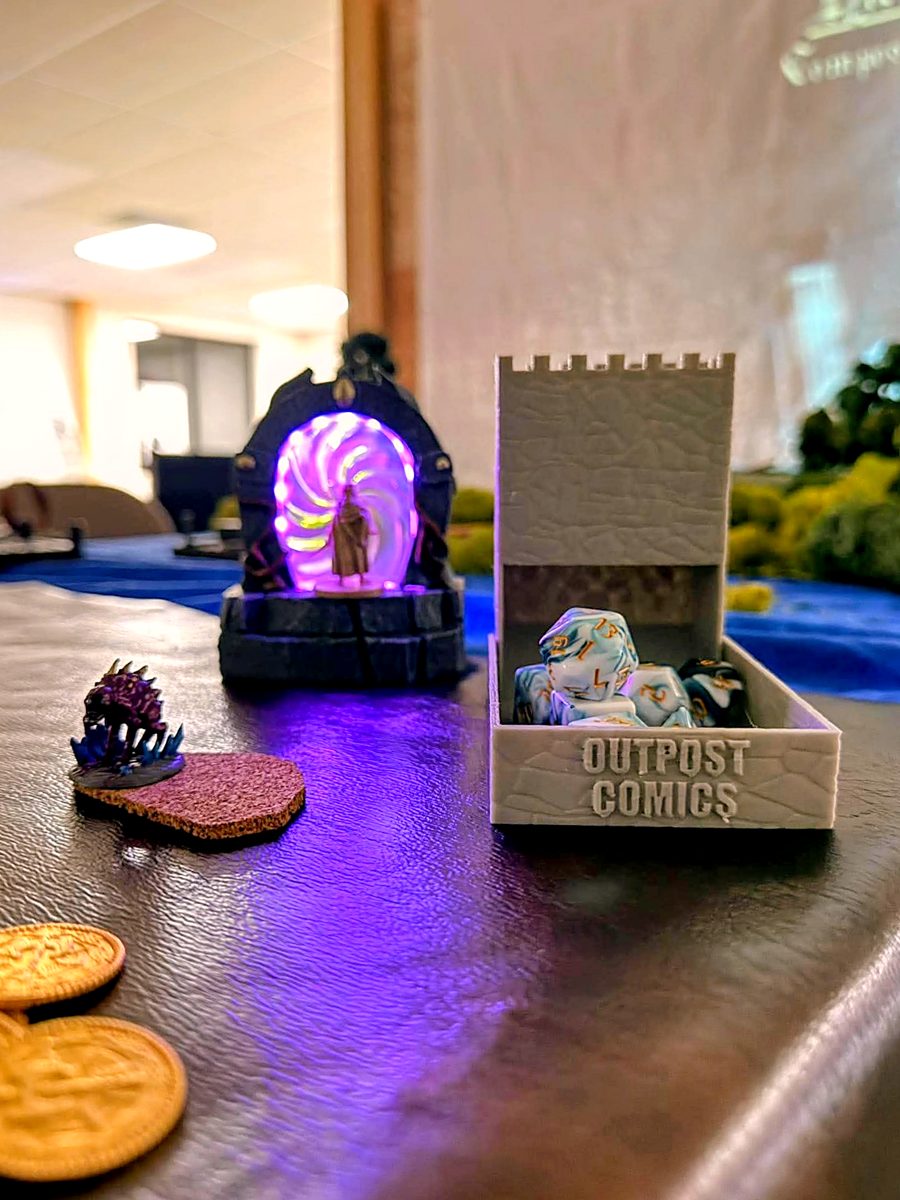 The glowing portal and Guild dice tower